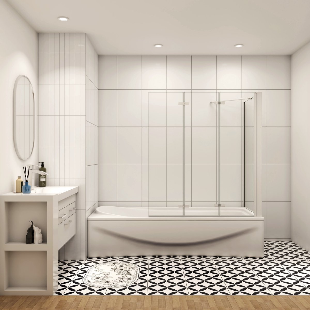 Aica Luxe Badwand 130x70x140cm,3-Delig Inklapbaar,6mm Transparant Easy Clean Gehard Glas,Grijs Frame,Eenvoudige Montage