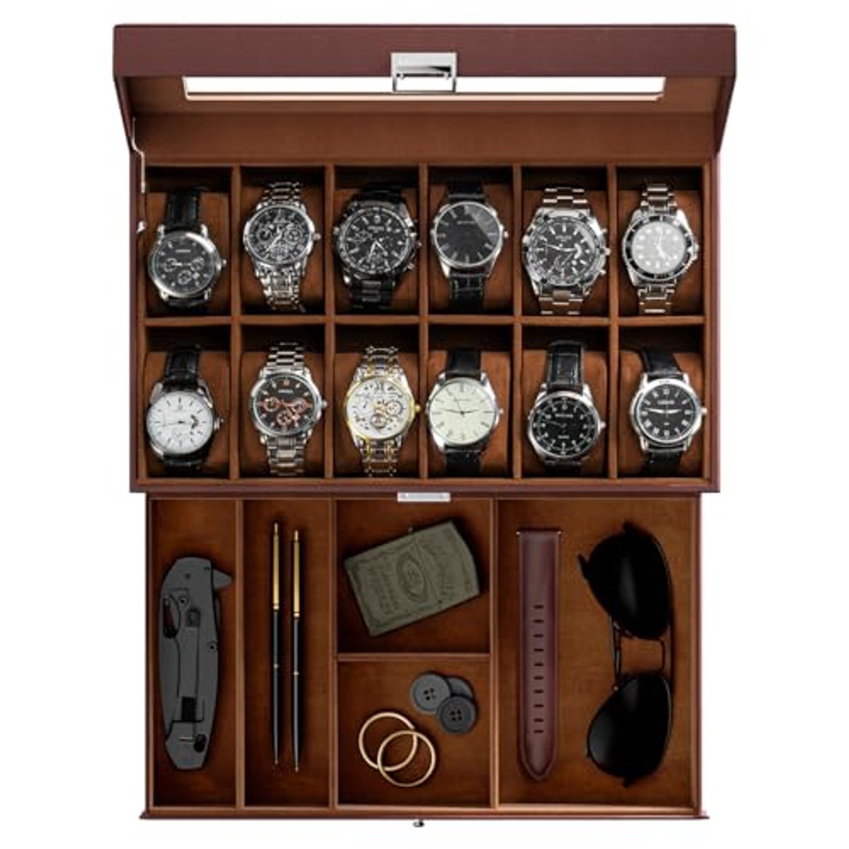 12 Slots Heren Horloge Doos met Glazen Deksel - Horloge Organiser en Sieraadopslag