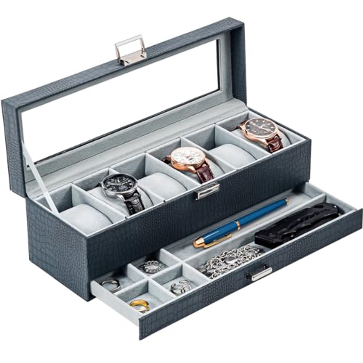 Horloge box met 6 vakken en glazen deksel - Opbergdoos voor sieraden en horloges - 2 niveaus - Blauwe horlogekoffer met uitneembare horloge pads