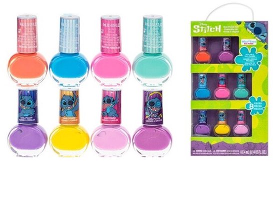 Acht flacons peelable nagellak in een displaydoos, met Stitch-personages en felle kleuren zoals oranje, blauw, roze en geel.