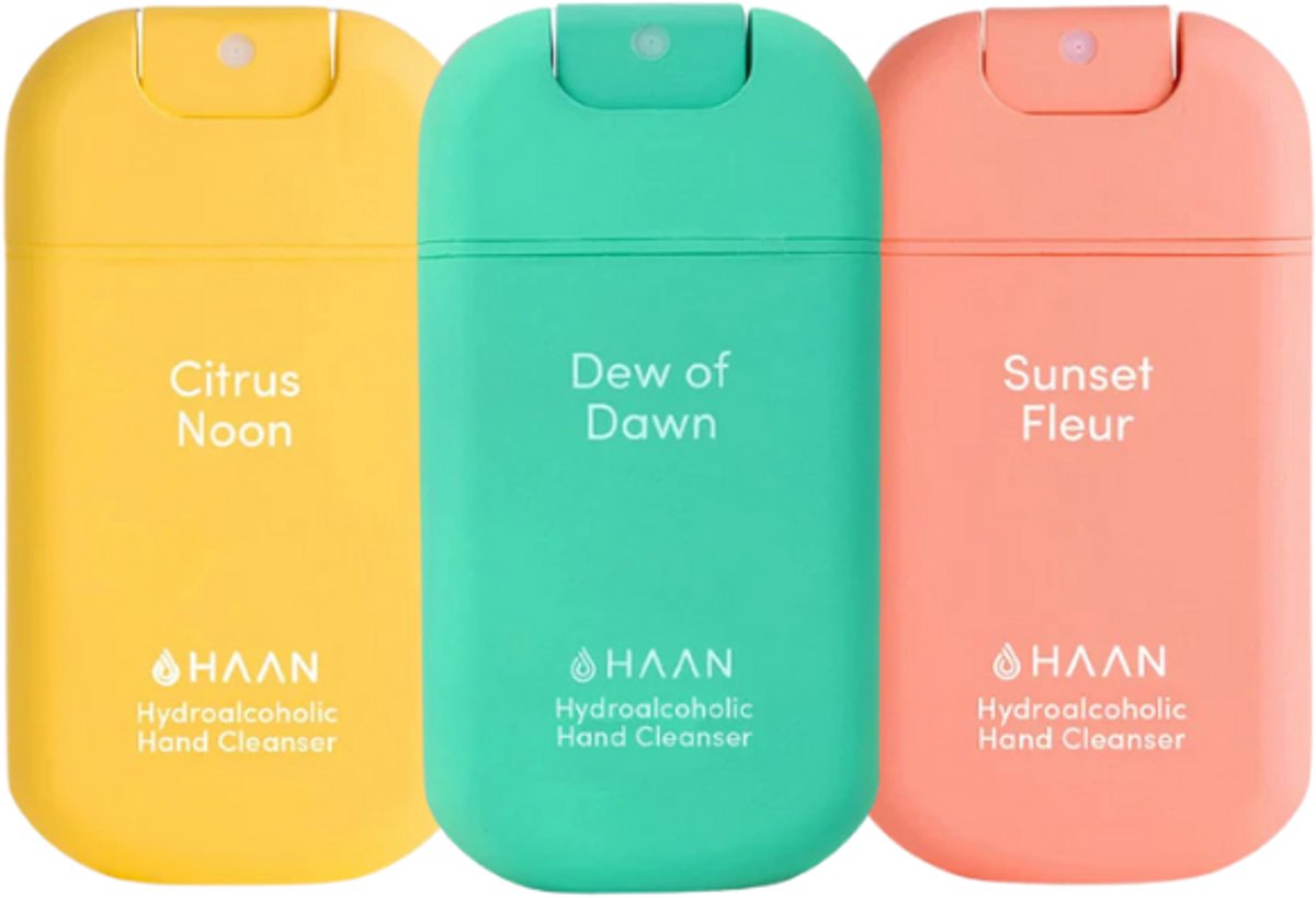 HAAN Hydrating Handspray - Handzeep - 3pack Daily Moods mix Spray 30ml: Dew of Dawn/ Citrus Noon/ Sunset Fleur - Navulbaar - 3x 30ml