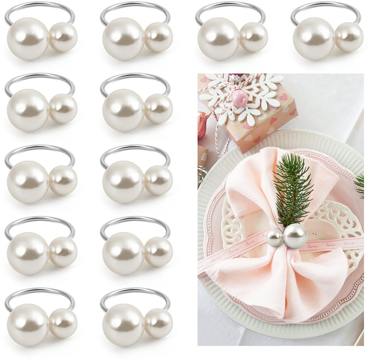 Cuhostki 12pcs Metal Pearl Napkin Rings Silver - Durable Elegant Table Decor