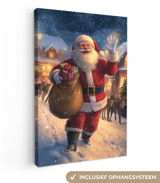 Canvas schilderij 80x120 cm - Exclusieve wanddecoratie Kerstman - Dorp - Hert - Donker - Muurdecoratie woonkamer - Kamer decoratie - Schilderijen op canvas - Kerstdecoratie voor binnen - Kerstversiering - Kerstmis versiering