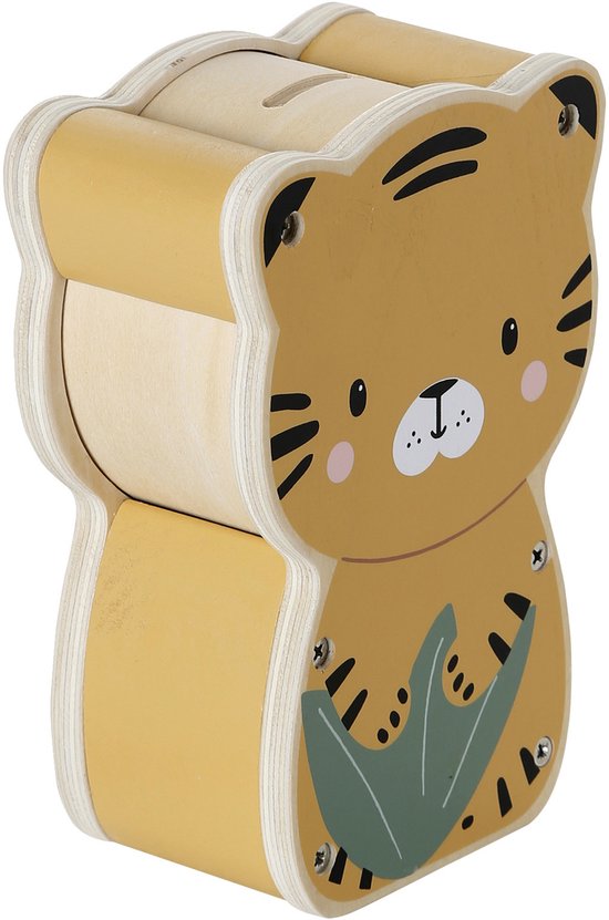 Houten spaarpot in de vorm van een tijger met muziekmechanisme, staand.