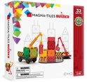 Magna-Tiles Builder 32-delige set verpakking met een opbouw van hijskranen, wegen en transparante blokken in rood, groen en geel.