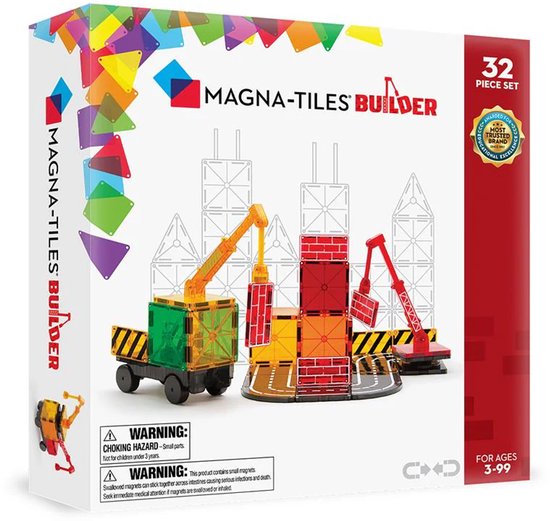 Magna-Tiles Builder 32-delige set verpakking met een opbouw van hijskranen, wegen en transparante blokken in rood, groen en geel.