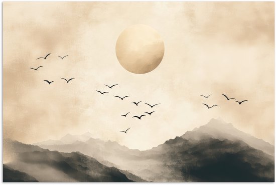 Affiche 90x60 cm - Paysage - Japandi - Oiseau - Posters - Décoration chambre - Décoration murale salon - Décoration murale chambre