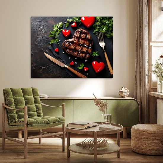 Poster 120x90 cm - Steak - Hart - Bestek - Posters - Kamer decoratie - Wanddecoratie woonkamer - Muurdecoratie slaapkamer