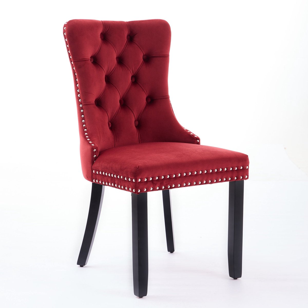 Merax Classic Velvet Eetkamerstoelen - Set van 2 - Luxe Fluwelen Stoelen met Hoge Rugleuning - Bourgondisch Rood - Massief Houten Poten - Klassiek Design met Nagelstuds