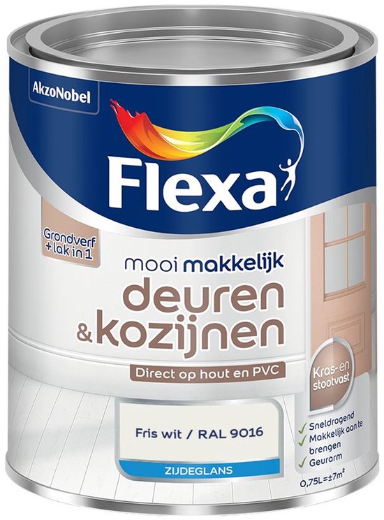 Flexa verfblik zijdeglans Fris Wit / RAL 9016, voor deuren en kozijnen, kras- en stootvast.