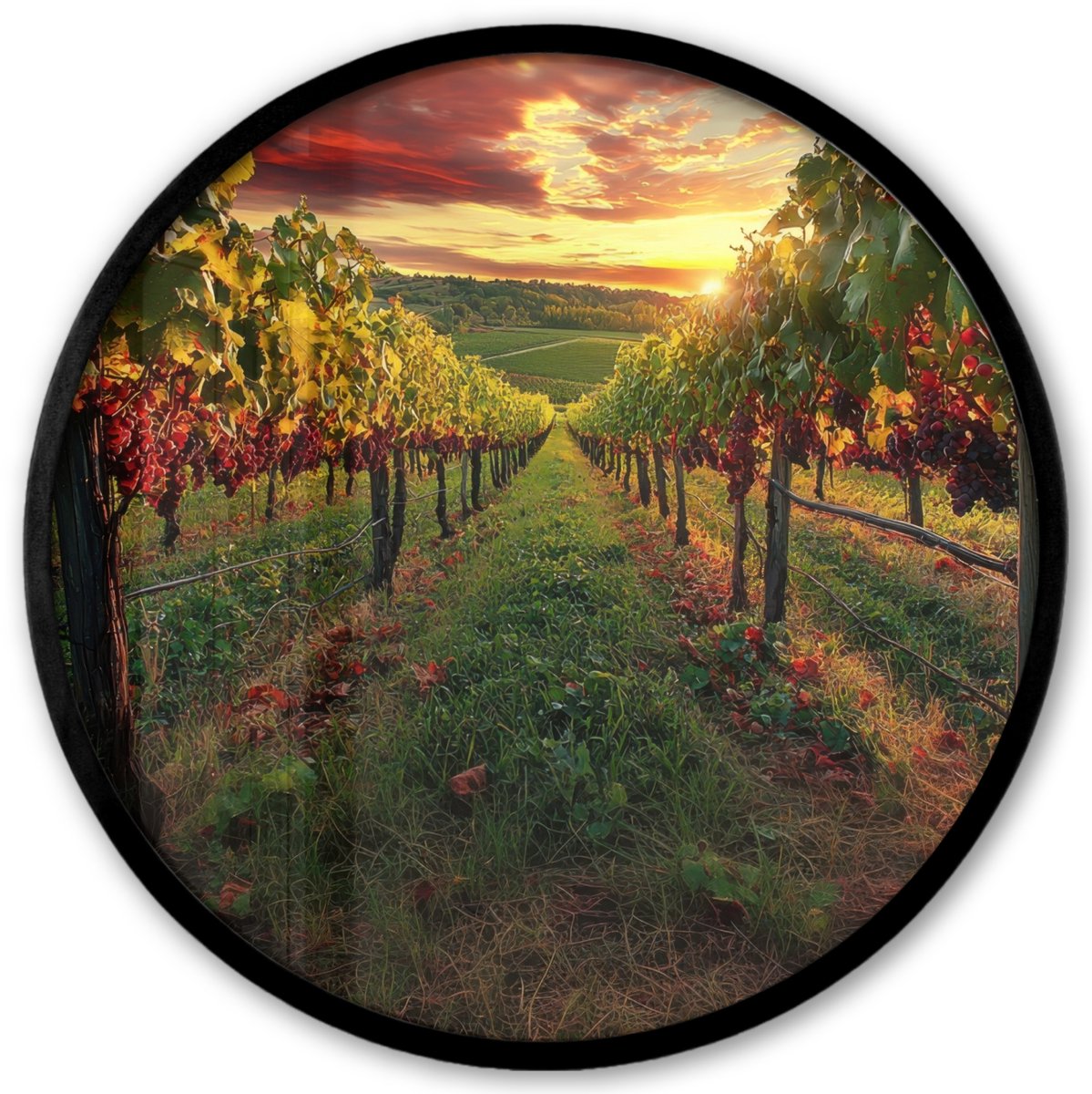 FrameYourWall Poster in lijst Rond - Fotolijst 40x40 cm - Posters - Wijngaard - Druiven - Zonsondergang - Ronde posterlijst zwart - Decoratie - Wanddecoratie woonkamer - Muurdecoratie slaapkamer