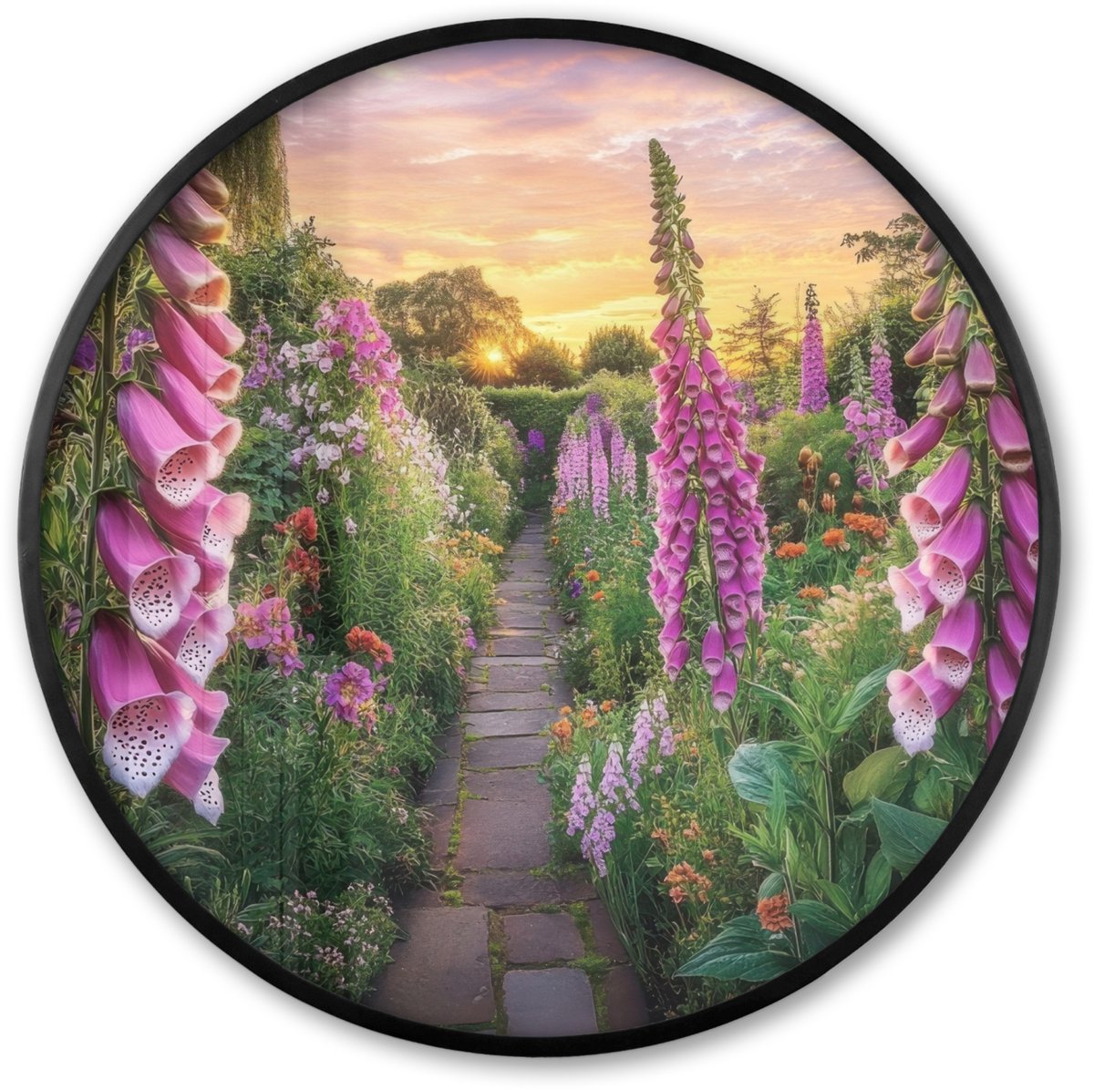 FrameYourWall Poster in lijst Rond - Fotolijst 60x60 cm - Posters - Vingerhoedskruid - Bloemen - Tuin - Ronde posterlijst zwart - Decoratie - Wanddecoratie woonkamer - Muurdecoratie slaapkamer