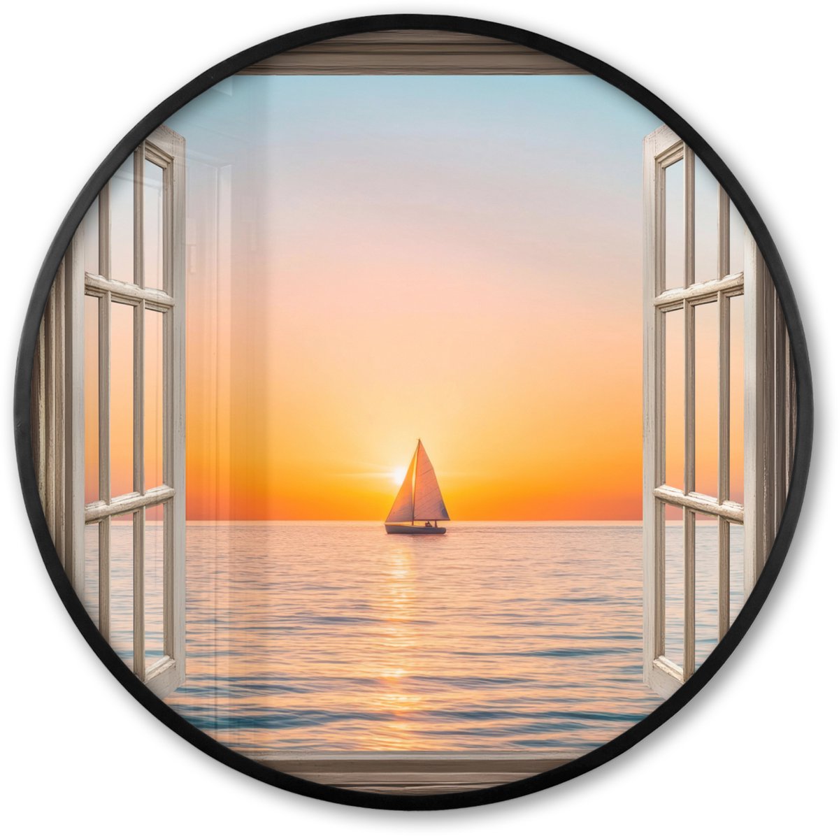 FrameYourWall Poster in lijst Rond - Fotolijst 60x60 cm - Posters - Doorkijk - Zee - Boot - Zonsondergang - Ronde posterlijst zwart - Decoratie - Wanddecoratie woonkamer - Muurdecoratie slaapkamer Zonsondergang - Boot