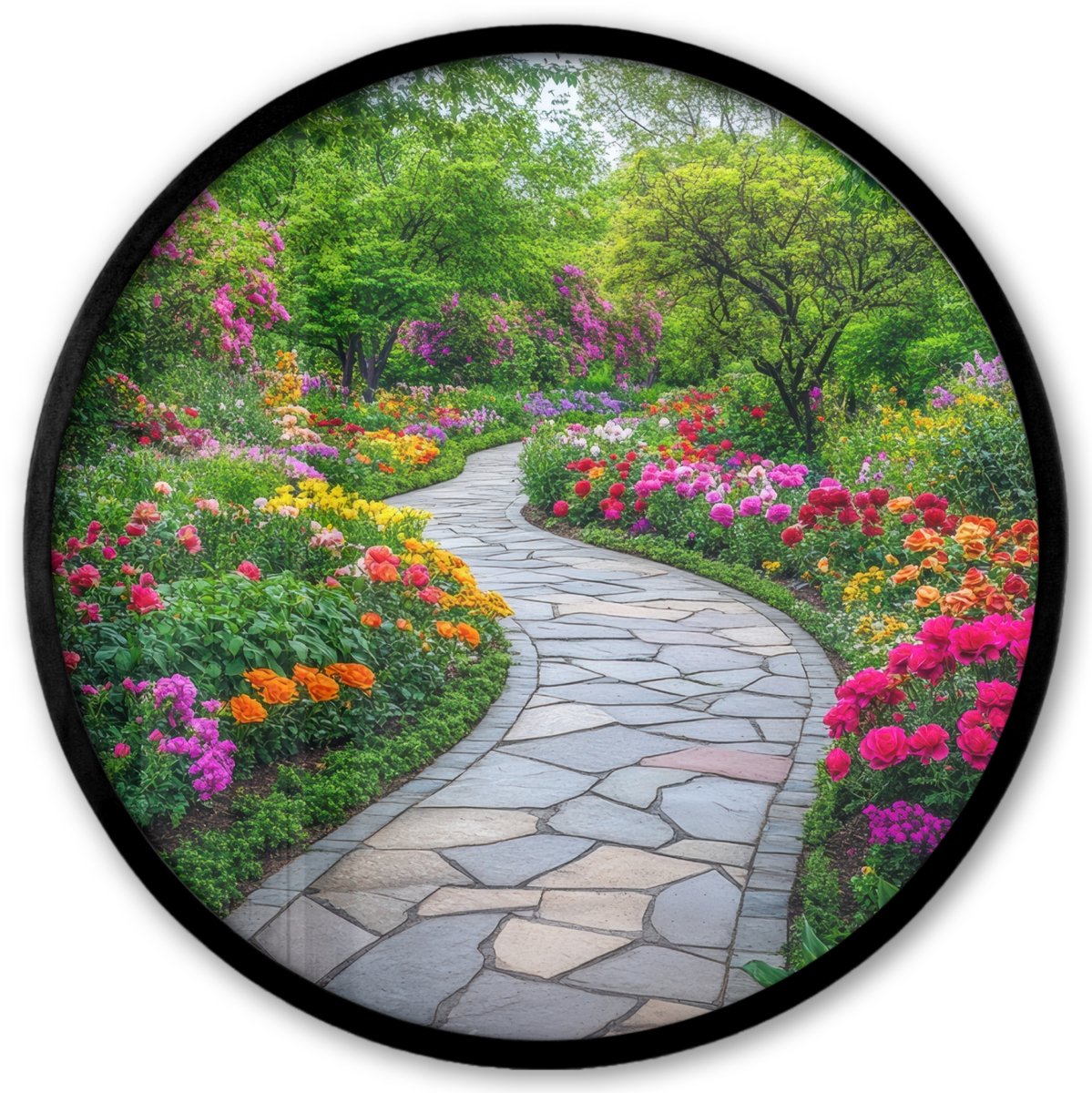 FrameYourWall Poster in lijst Rond - Fotolijst 40x40 cm - Posters - Park - Bloemen - Tuin - Ronde posterlijst zwart - Decoratie - Wanddecoratie woonkamer - Muurdecoratie slaapkamer