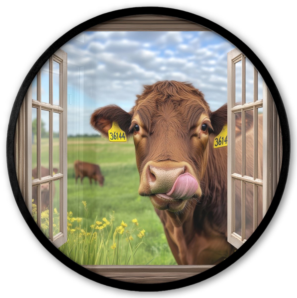 FrameYourWall Poster in lijst Rond - Fotolijst 40x40 cm - Posters - Doorkijk - Koe - Weiland - Landschap - Dieren - Ronde posterlijst zwart - Decoratie - Wanddecoratie woonkamer - Muurdecoratie slaapkamer Koe - Landschap