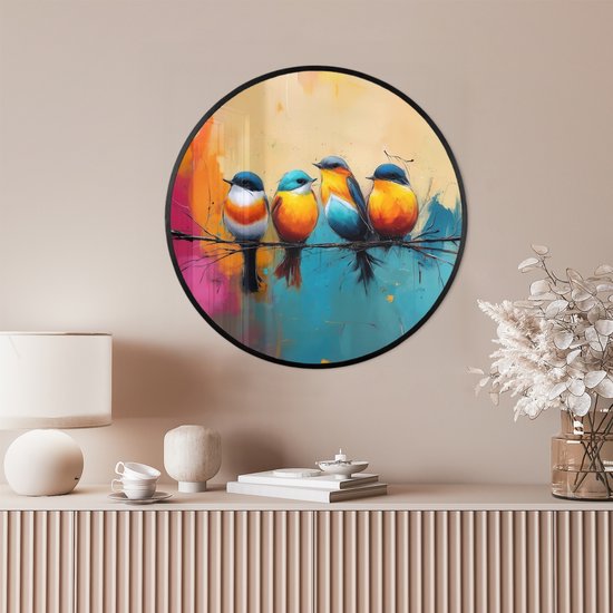 Affiche encadrée ronde - Cadre photo 60x60 cm - Posters - Vogels - Coloré - Branche - Abstrait - Cadre affiche rond noir - Décoration - Décoration murale salon - Décoration murale chambre