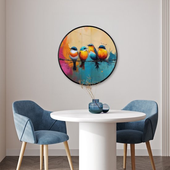 Affiche encadrée ronde - Cadre photo 60x60 cm - Posters - Vogels - Coloré - Branche - Abstrait - Cadre affiche rond noir - Décoration - Décoration murale salon - Décoration murale chambre