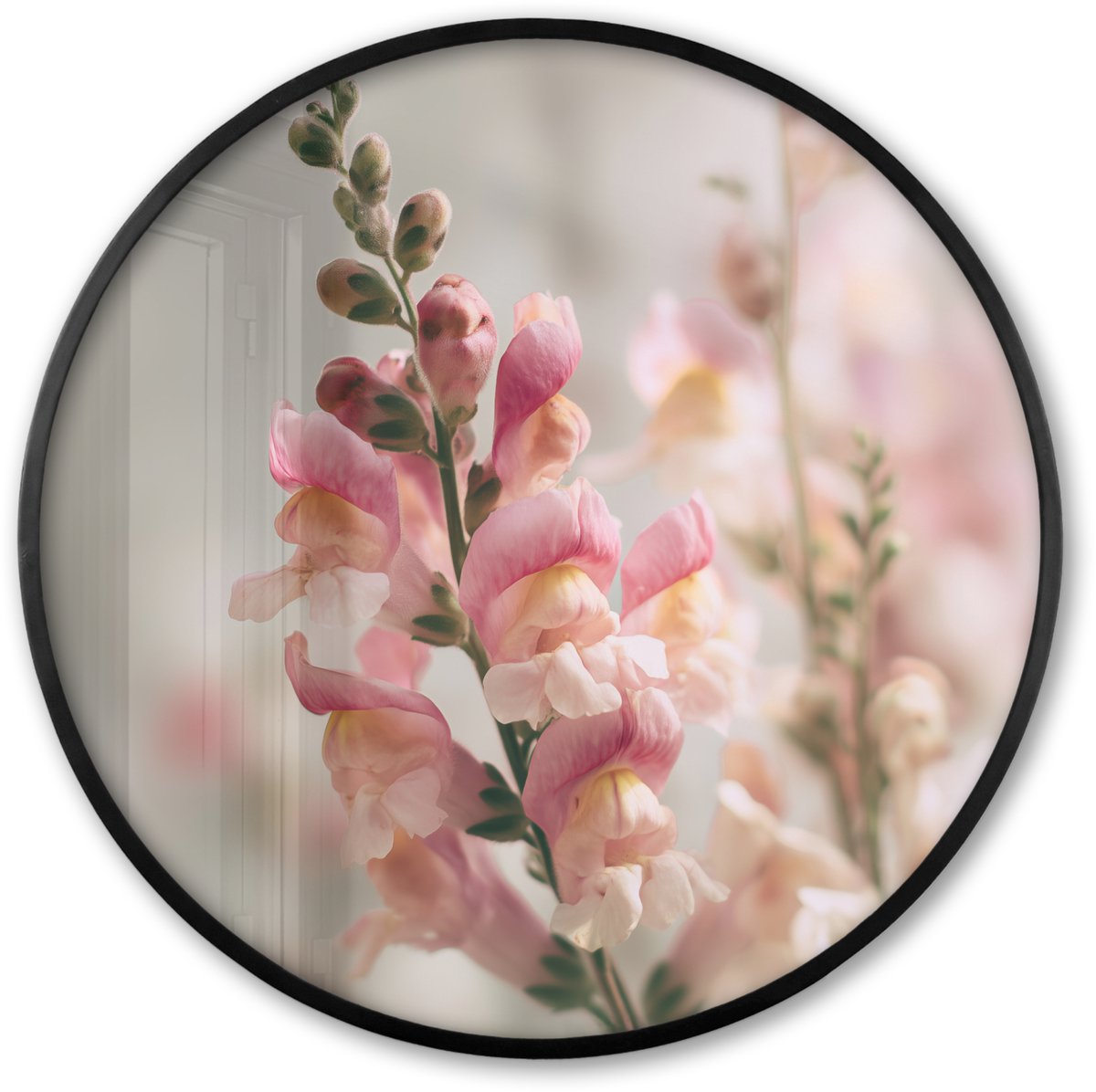 FrameYourWall Poster in lijst Rond - Fotolijst 60x60 cm - Posters - Bloem - Leeuwenbek - Roze - Stengel - Ronde posterlijst zwart - Decoratie - Wanddecoratie woonkamer - Muurdecoratie slaapkamer