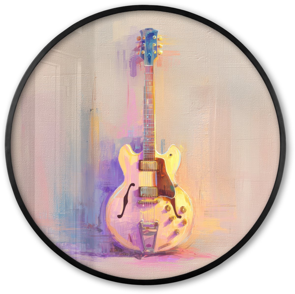 FrameYourWall Poster in lijst Rond - Fotolijst 60x60 cm - Posters - Gitaar - Pastel - Schilderachtig - Ronde posterlijst zwart - Decoratie - Wanddecoratie woonkamer - Muurdecoratie slaapkamer