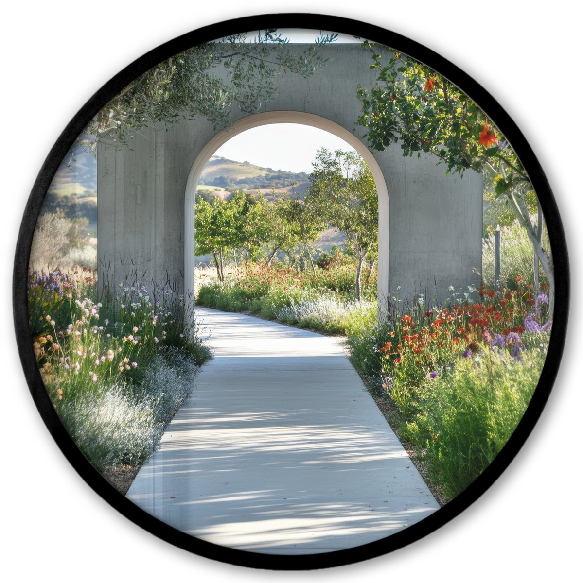 FrameYourWall Poster in lijst Rond - Fotolijst 40x40 cm - Posters - Doorkijk - Pad - Beton - Landschap - Ronde posterlijst zwart - Decoratie - Wanddecoratie woonkamer - Muurdecoratie slaapkamer