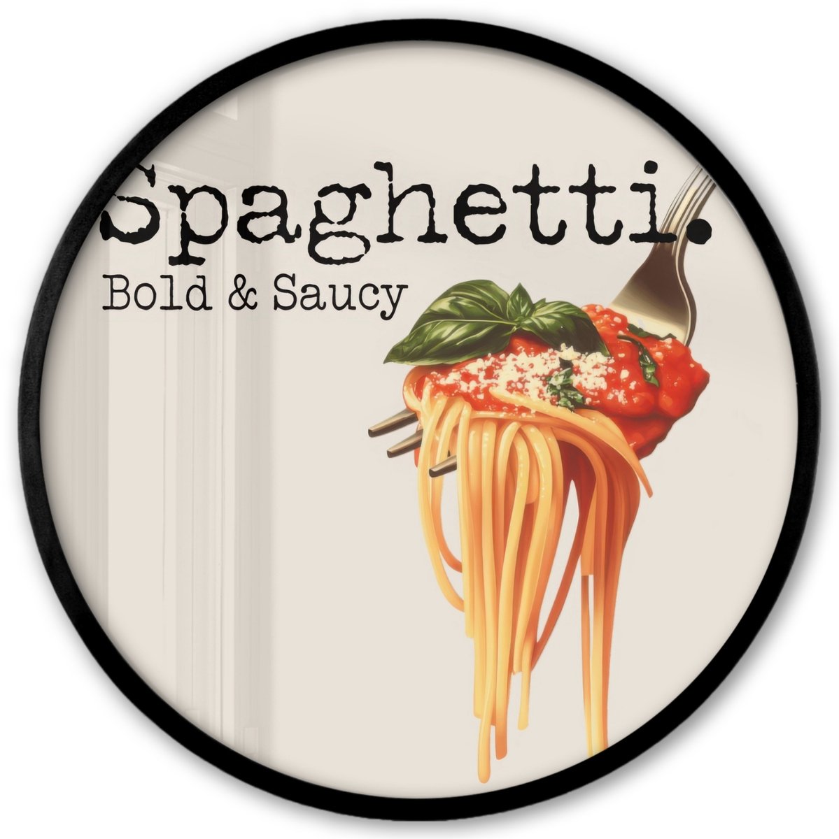 FrameYourWall Poster in lijst Rond - Fotolijst 40x40 cm - Posters - Spaghetti - tomatensaus - Parmezaanse kaas - Ronde posterlijst zwart - Decoratie - Wanddecoratie woonkamer - Muurdecoratie slaapkamer Spaghetti - Tekst