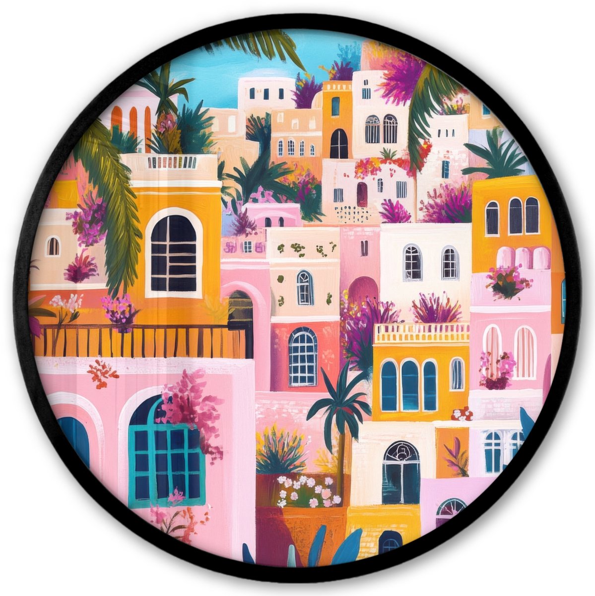 FrameYourWall Poster in lijst Rond - Fotolijst 40x40 cm - Posters - Kleurrijk - Roze - Oranje - Geel - Bloemen - Ronde posterlijst zwart - Decoratie - Wanddecoratie woonkamer - Muurdecoratie slaapkamer Stad - Kleurrijk