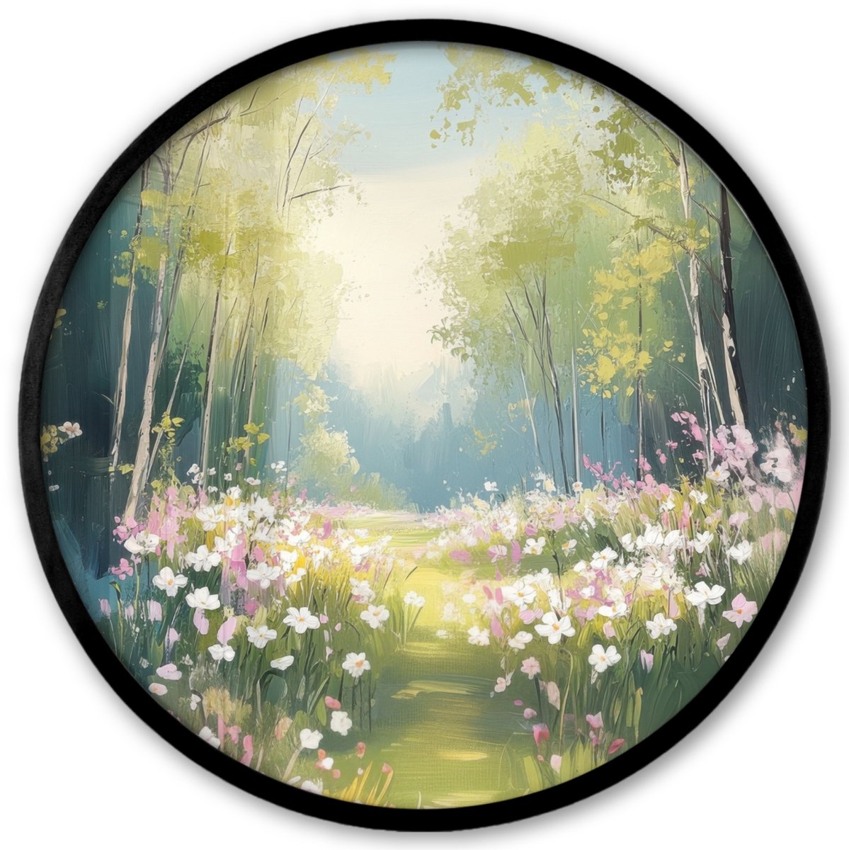 FrameYourWall Poster in lijst Rond - Fotolijst 40x40 cm - Posters - Bos - Schilderstijl - Kleurrijk - Ronde posterlijst zwart - Decoratie - Wanddecoratie woonkamer - Muurdecoratie slaapkamer Landschap - Bos