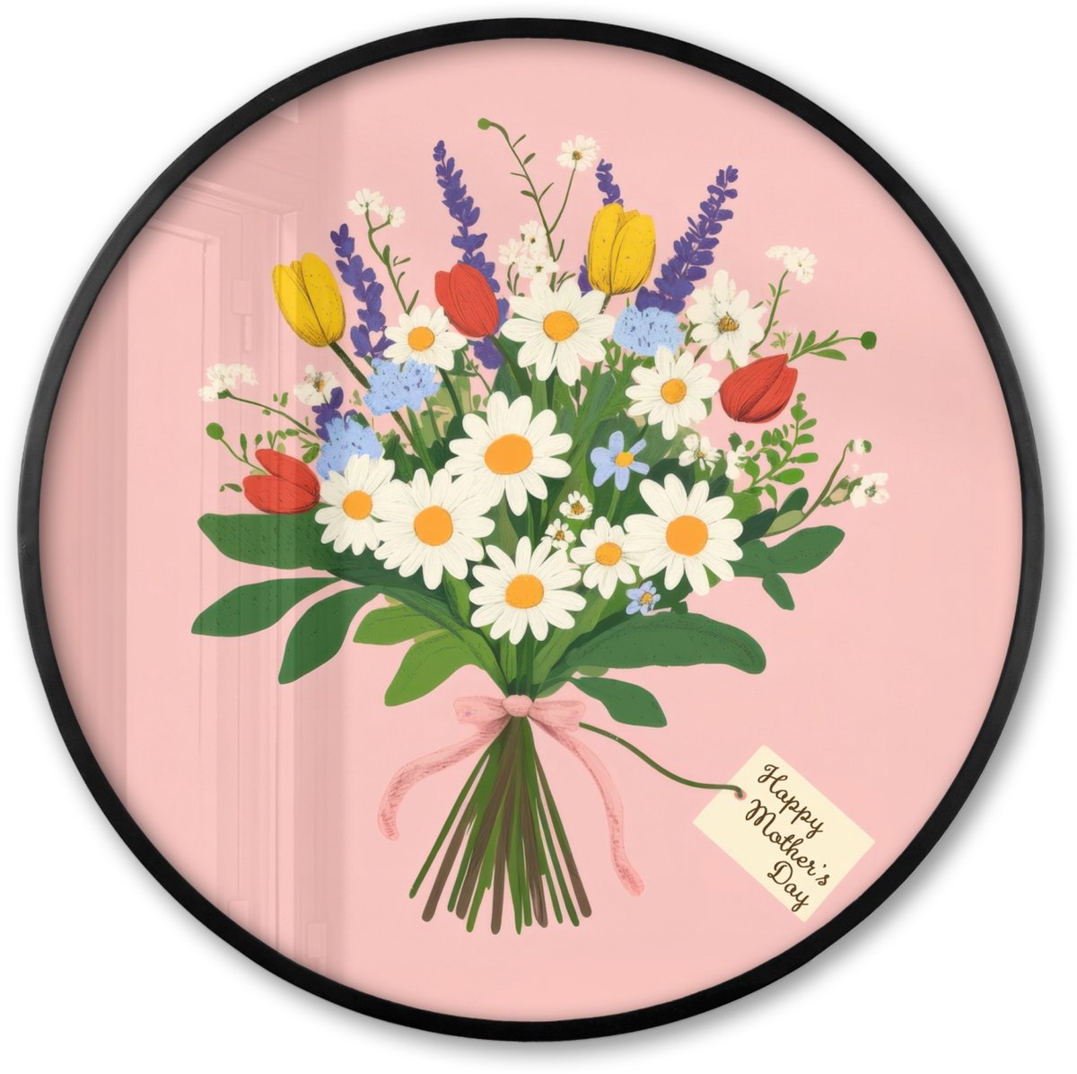 FrameYourWall Poster in lijst Rond - Fotolijst 60x60 cm - Posters - Bloemen - Lint - Kaartje - Ronde posterlijst zwart - Decoratie - Wanddecoratie woonkamer - Muurdecoratie slaapkamer Bloemen - Kaartje