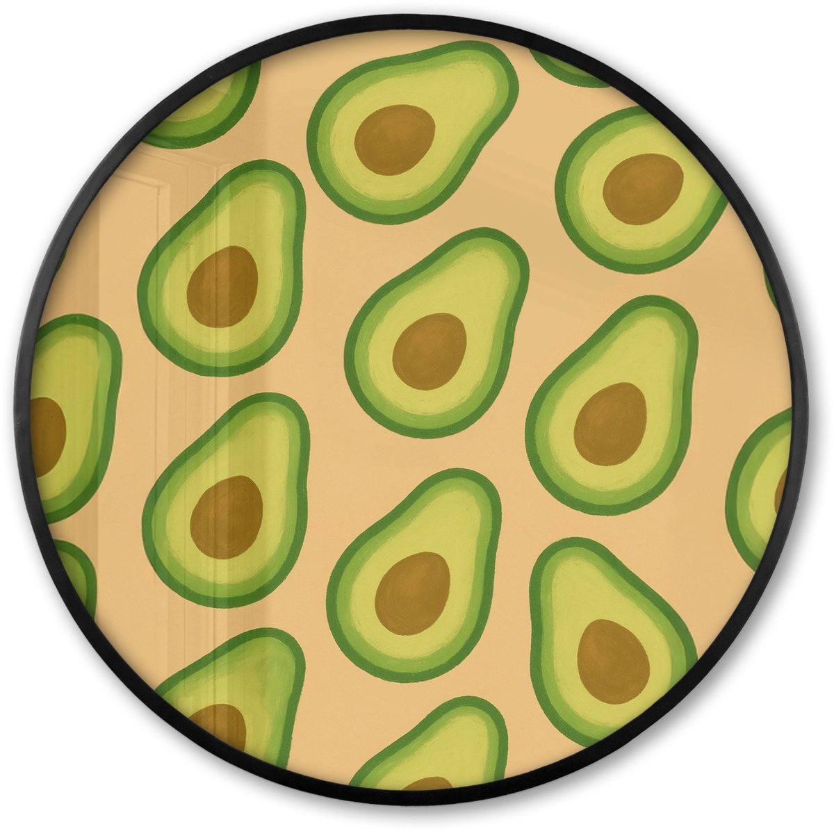 FrameYourWall Poster in lijst Rond - Fotolijst 80x80 cm - Posters - Avocado - Patroon - Groen - Pit - Ronde posterlijst zwart - Decoratie - Wanddecoratie woonkamer - Muurdecoratie slaapkamer