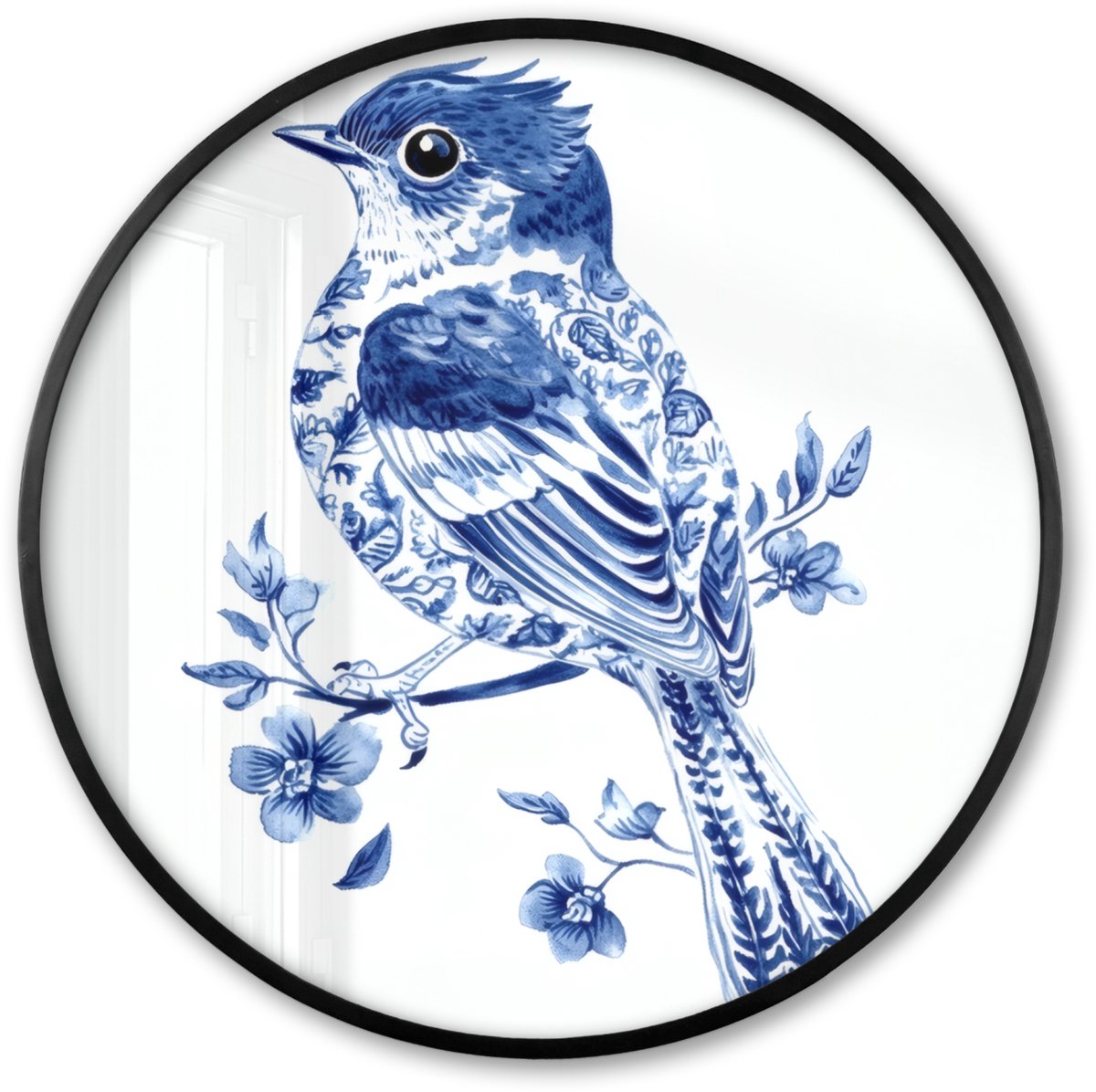 FrameYourWall Poster in lijst Rond - Fotolijst 60x60 cm - Posters - Vogel - Delfts blauw - Illustratie - Bloemen - Ronde posterlijst zwart - Decoratie - Wanddecoratie woonkamer - Muurdecoratie slaapkamer Vogel - Bloemen