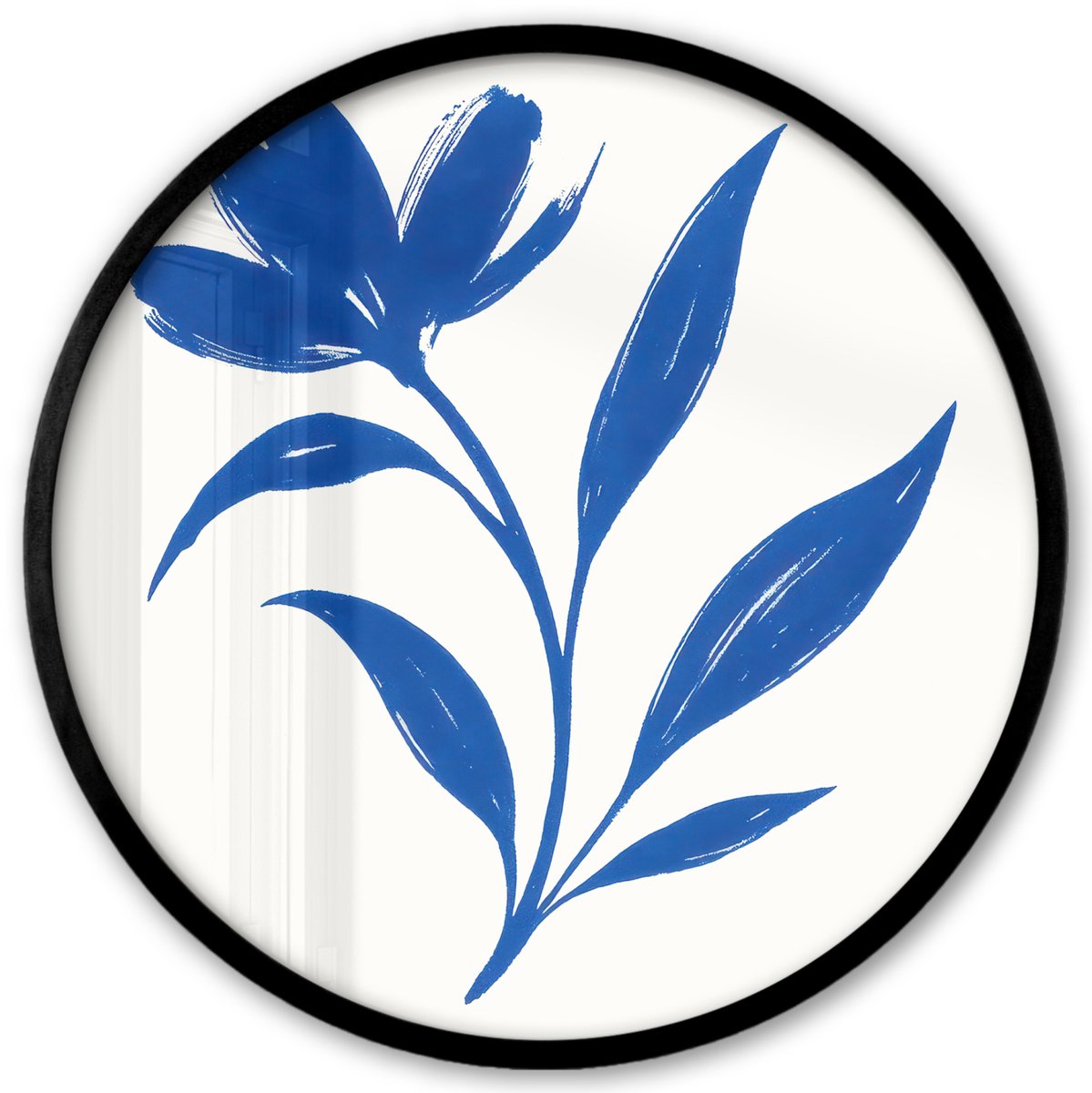 FrameYourWall Poster in lijst Rond - Fotolijst 40x40 cm - Posters - Bloem - Blaadjes - Minimalistisch - Blauw - Ronde posterlijst zwart - Decoratie - Wanddecoratie woonkamer - Muurdecoratie slaapkamer