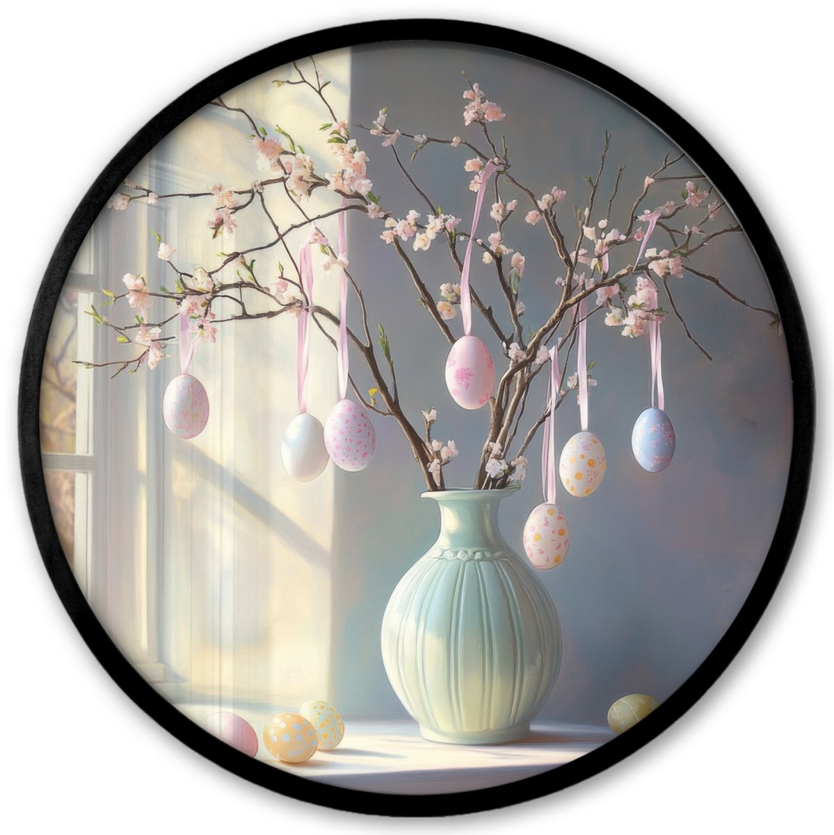 FrameYourWall Poster in lijst Rond - Fotolijst 40x40 cm - Posters - Stilleven - Vaas - Paastak - Ronde posterlijst zwart - Decoratie - Wanddecoratie woonkamer - Muurdecoratie slaapkamer