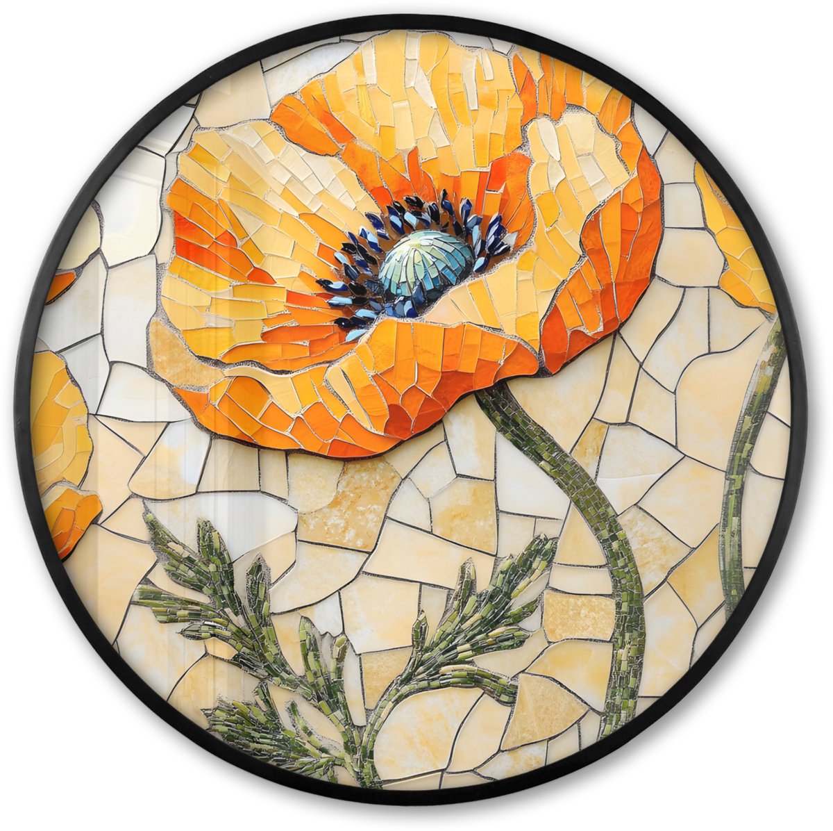 FrameYourWall Poster in lijst Rond - Fotolijst 60x60 cm - Posters - Klaprozen - Oranje - Mozaïek - Bladeren - Ronde posterlijst zwart - Decoratie - Wanddecoratie woonkamer - Muurdecoratie slaapkamer