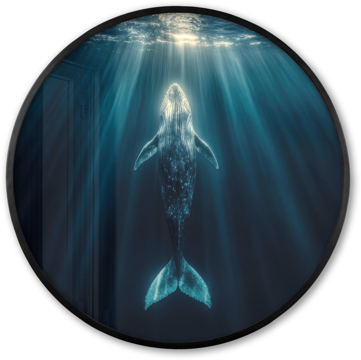 FrameYourWall Poster in lijst Rond - Fotolijst 60x60 cm - Posters - Walvis - Water - Zonnestralen - Blauw - Ronde posterlijst zwart - Decoratie - Wanddecoratie woonkamer - Muurdecoratie slaapkamer