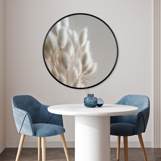 Affiche encadrée Ronde - Cadre photo 80x80 cm - Posters - Plumes - Beige - Minimaliste - Cadre affiche rond noir - Décoration - Décoration murale salon - Décoration murale chambre