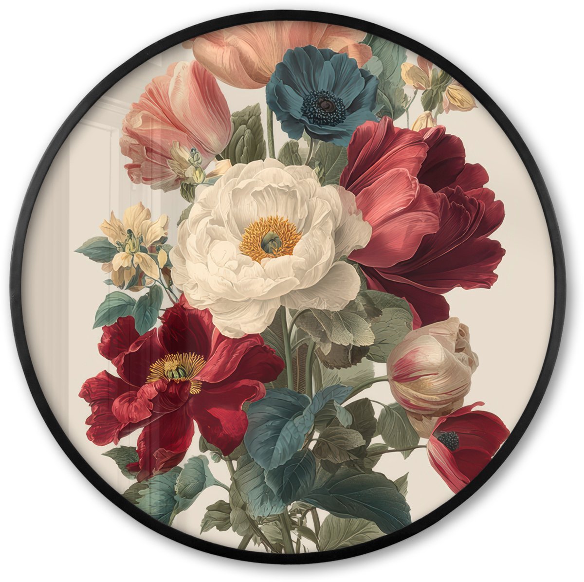 FrameYourWall Poster in lijst Rond - Fotolijst 60x60 cm - Posters - Boeket - Warme tinten - Elegant - Ronde posterlijst zwart - Decoratie - Wanddecoratie woonkamer - Muurdecoratie slaapkamer Boeket - Elegant