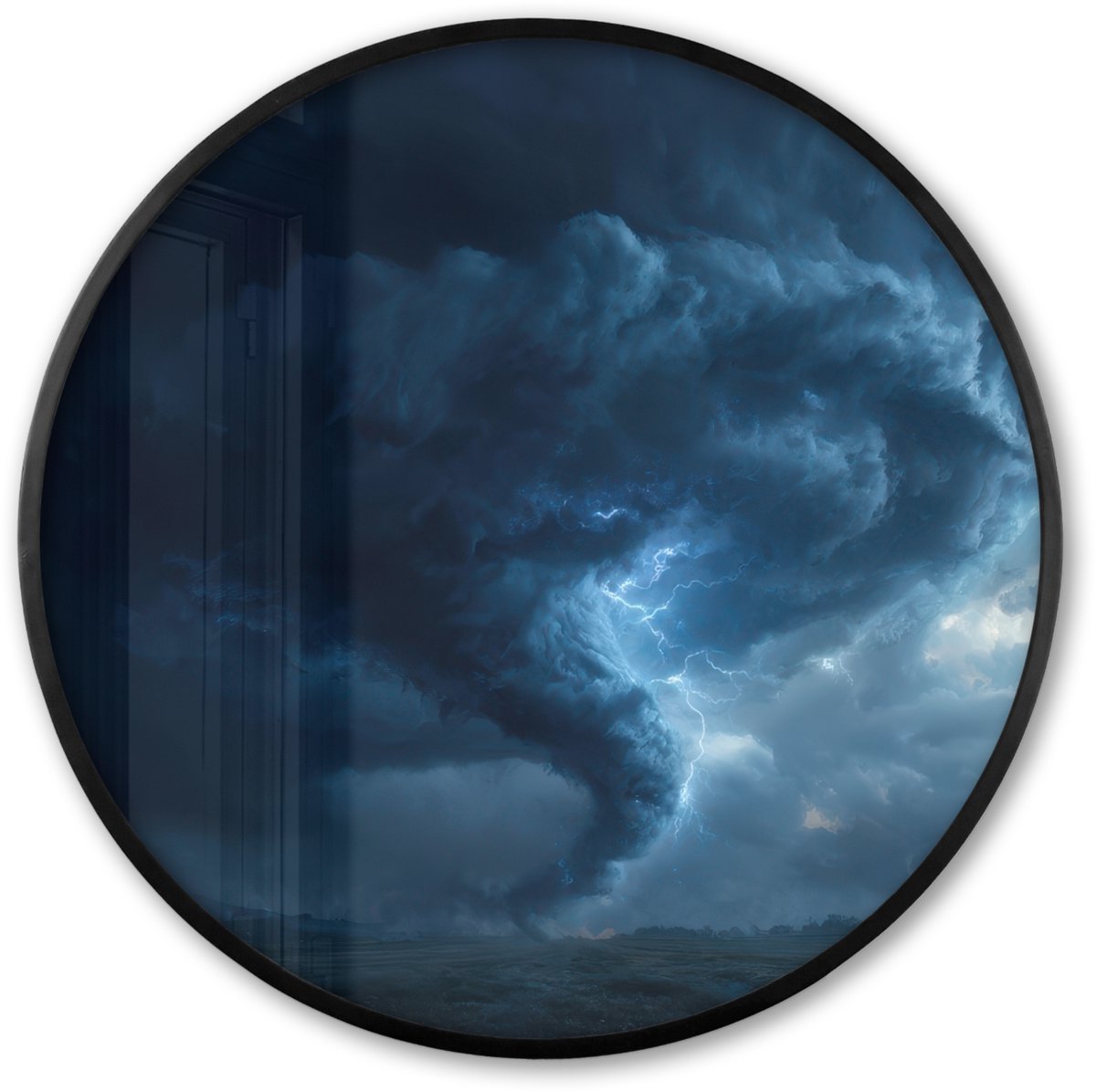 FrameYourWall Poster in lijst Rond - Fotolijst 80x80 cm - Posters - Tornado - Duister - Wolken - Ronde posterlijst zwart - Decoratie - Wanddecoratie woonkamer - Muurdecoratie slaapkamer Tornado - Bliksem