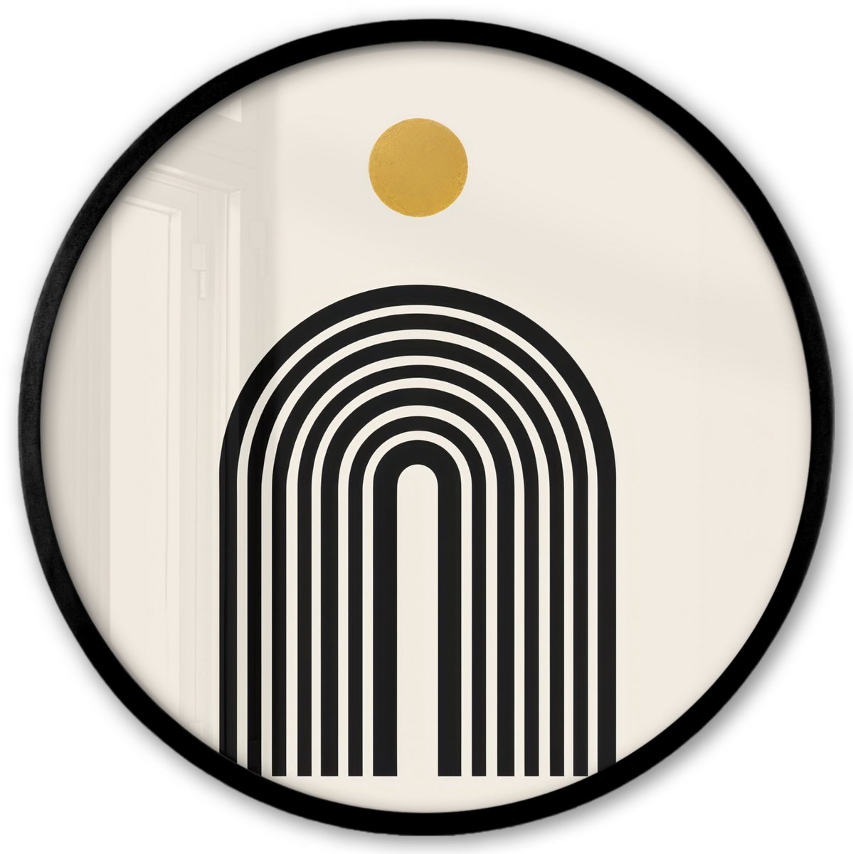FrameYourWall Poster in lijst Rond - Fotolijst 40x40 cm - Posters - Minimalistisch - Zwarte boog - Gouden cirkel - Ronde posterlijst zwart - Decoratie - Wanddecoratie woonkamer - Muurdecoratie slaapkamer Boog - Cirkel