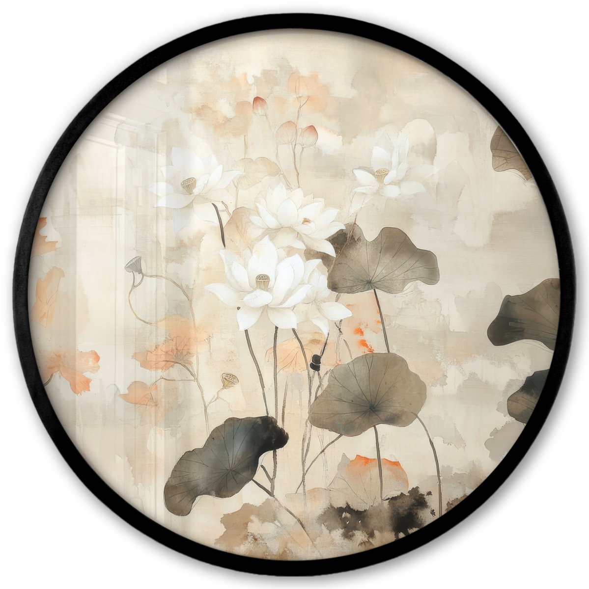 FrameYourWall Poster in lijst Rond - Fotolijst 40x40 cm - Posters - Bloemen - Japandi - Wabi sabi - Ronde posterlijst zwart - Decoratie - Wanddecoratie woonkamer - Muurdecoratie slaapkamer