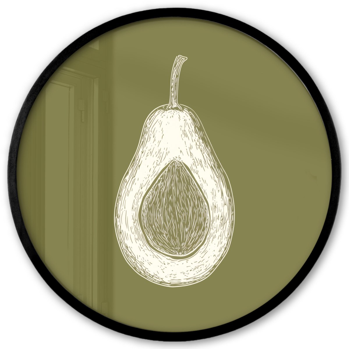 FrameYourWall Poster in lijst Rond - Fotolijst 40x40 cm - Posters - Avocado - Minimalistisch - Illustratie - Groen - Ronde posterlijst zwart - Decoratie - Wanddecoratie woonkamer - Muurdecoratie slaapkamer