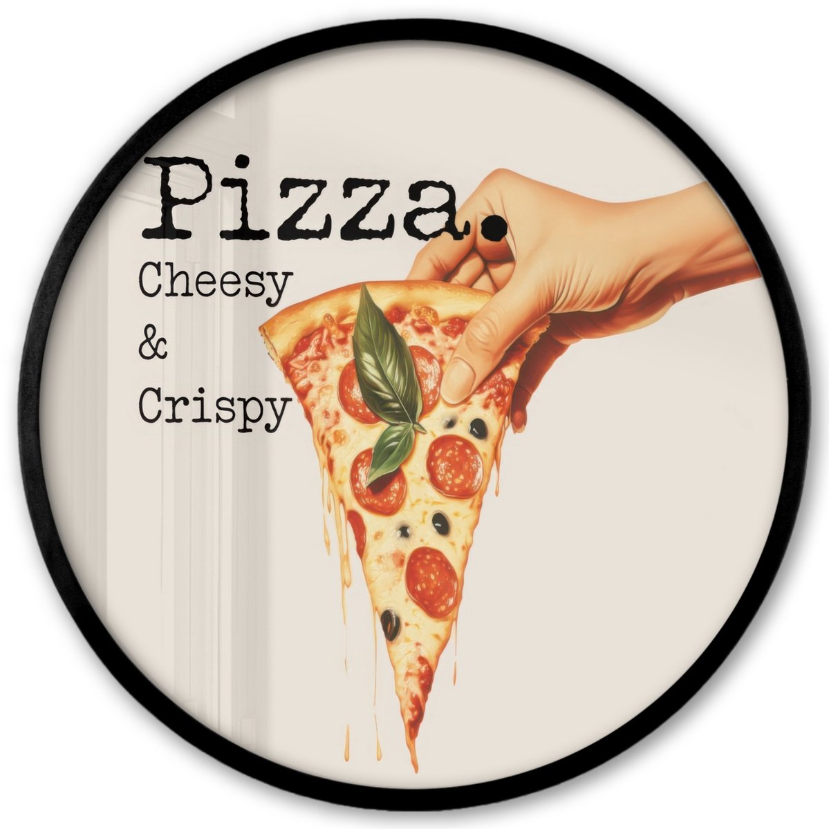 FrameYourWall Poster in lijst Rond - Fotolijst 40x40 cm - Posters - Pizza - Kaas - Pepperoni - Ronde posterlijst zwart - Decoratie - Wanddecoratie woonkamer - Muurdecoratie slaapkamer Pizza - Tekst