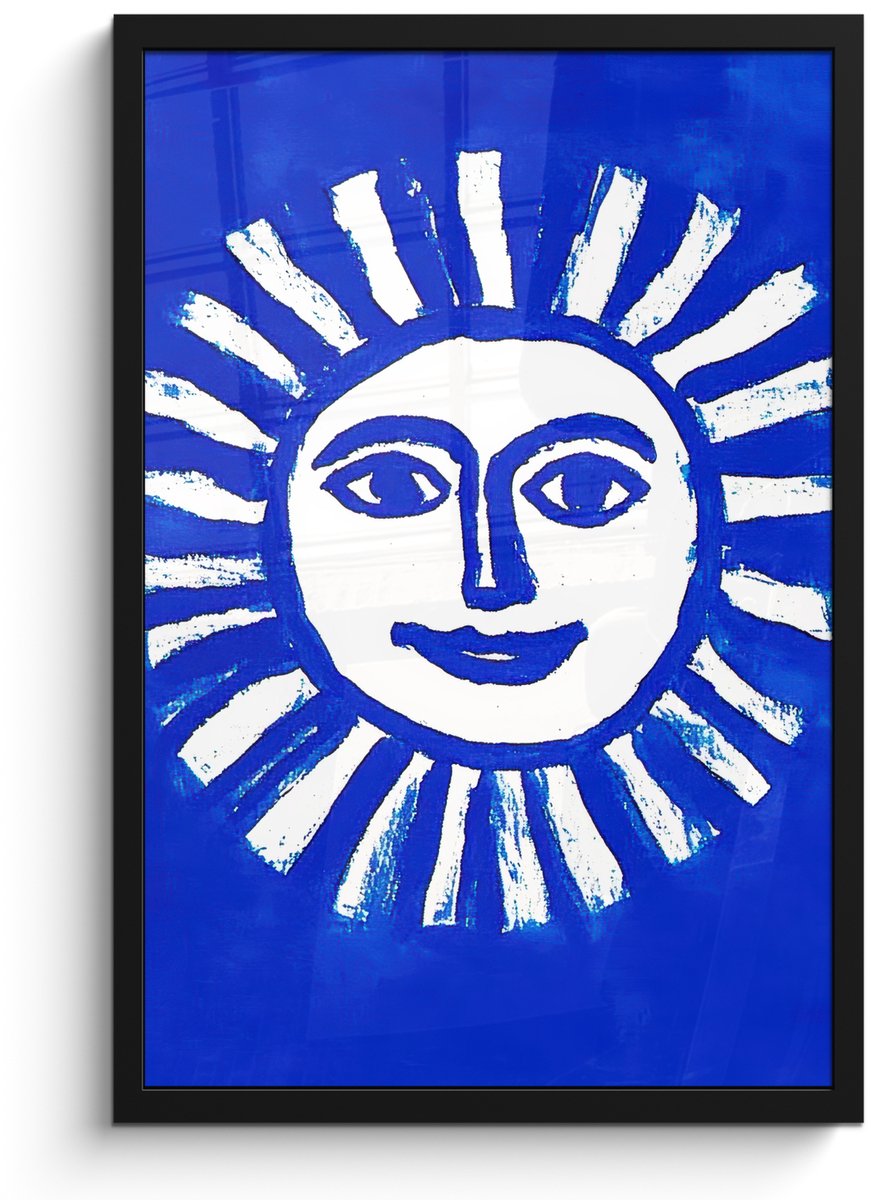 FrameYourWall Poster in lijst - Fotolijst 40x60 cm - Posters - Zon - Gezicht - Penseelstructuur - Blauw - Posterlijst zwart - Decoratie - Wanddecoratie woonkamer - Muurdecoratie slaapkamer