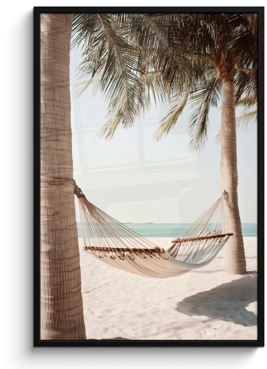 FrameYourWall Poster in lijst - Fotolijst 80x120 cm - Posters - Hangmat - Palmbomen - Strand - Zee - Posterlijst zwart - Decoratie - Wanddecoratie woonkamer - Muurdecoratie slaapkamer