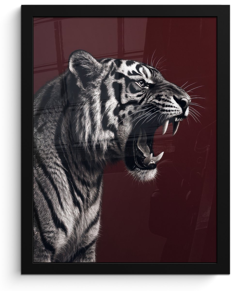FrameYourWall Poster in lijst - Fotolijst 30x40 cm - Posters - Tijger - Brult - Bordeaux - Posterlijst zwart - Decoratie - Wanddecoratie woonkamer - Muurdecoratie slaapkamer Tijger - Brullen