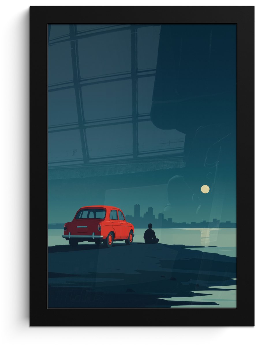 FrameYourWall Poster in lijst - Fotolijst 20x30 cm - Posters - Auto - Volle maan - Uitkijkend over water - Posterlijst zwart - Decoratie - Wanddecoratie woonkamer - Muurdecoratie slaapkamer Water - Maan