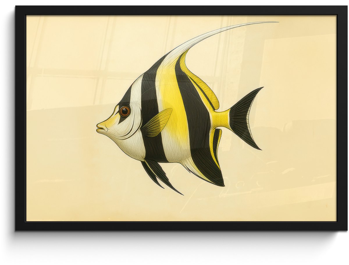 FrameYourWall Poster in lijst - Fotolijst 60x40 cm - Posters - Vis - Sierlijk - Rugvin - Geel - Posterlijst zwart - Decoratie - Wanddecoratie woonkamer - Muurdecoratie slaapkamer