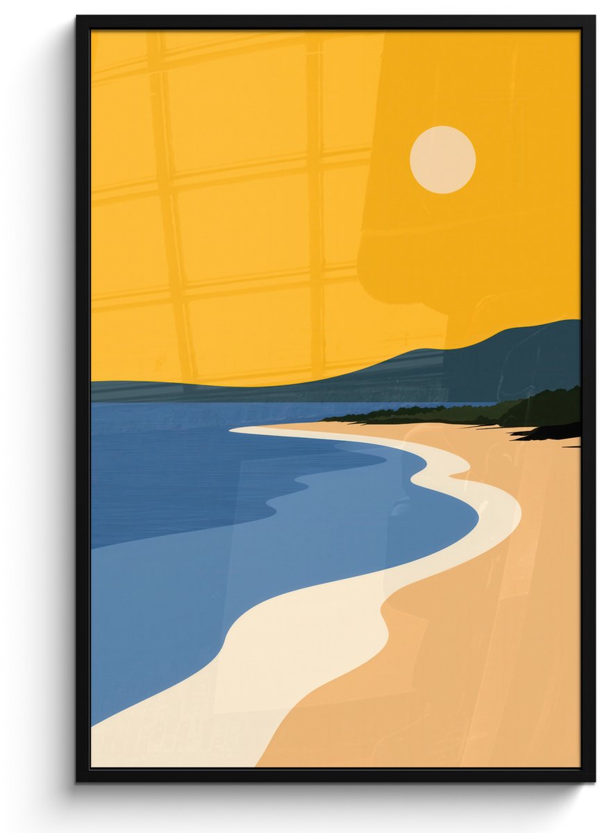 FrameYourWall Poster in lijst - Fotolijst 80x120 cm - Posters - Kustlijn - Oranje lucht - Begroeiing - Posterlijst zwart - Decoratie - Wanddecoratie woonkamer - Muurdecoratie slaapkamer Kustlijn - Zon