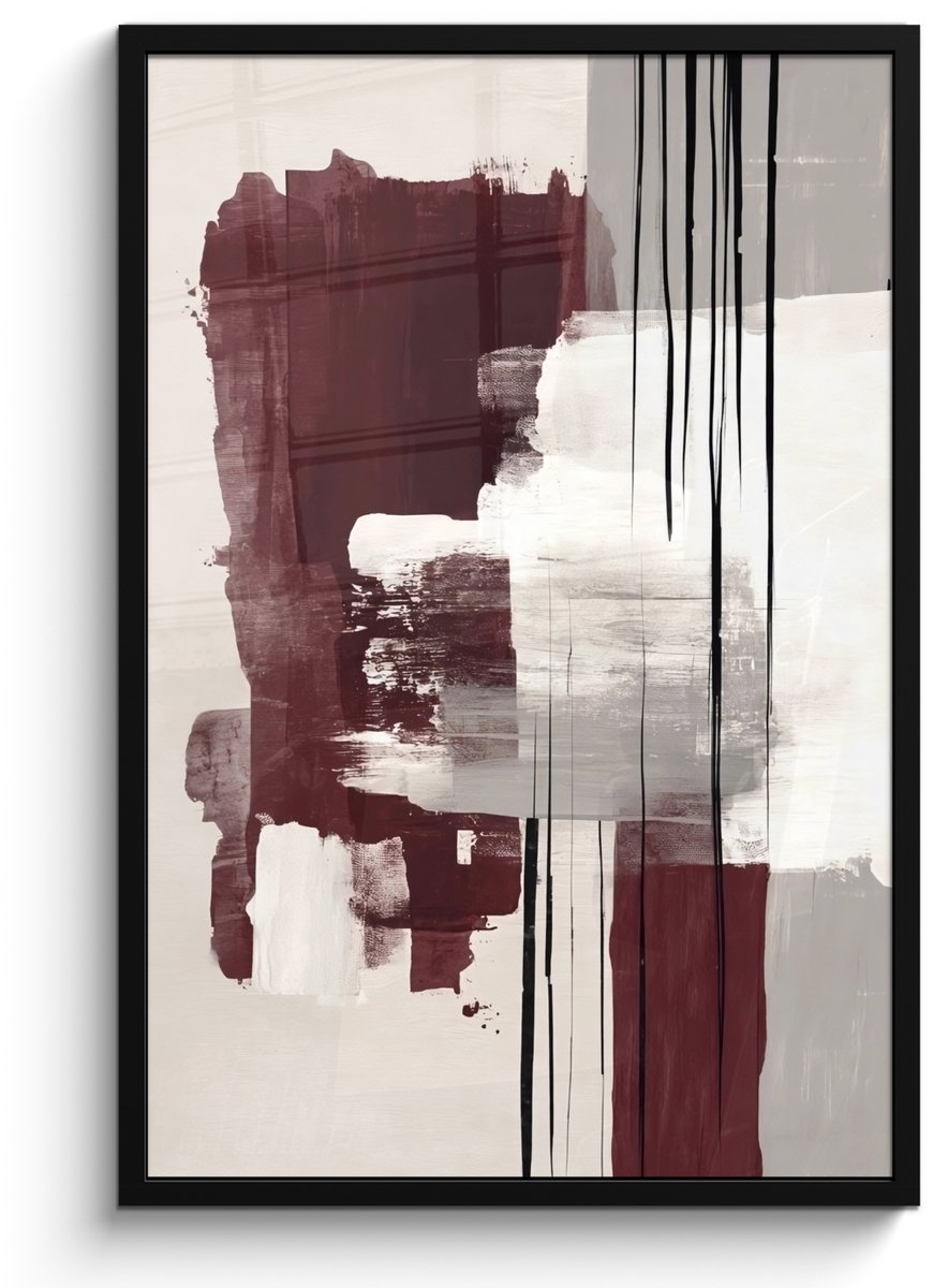 FrameYourWall Poster in lijst - Fotolijst 60x90 cm - Posters - Penseelstreken - Abstract - Lijnen - Rood - Posterlijst zwart - Decoratie - Wanddecoratie woonkamer - Muurdecoratie slaapkamer