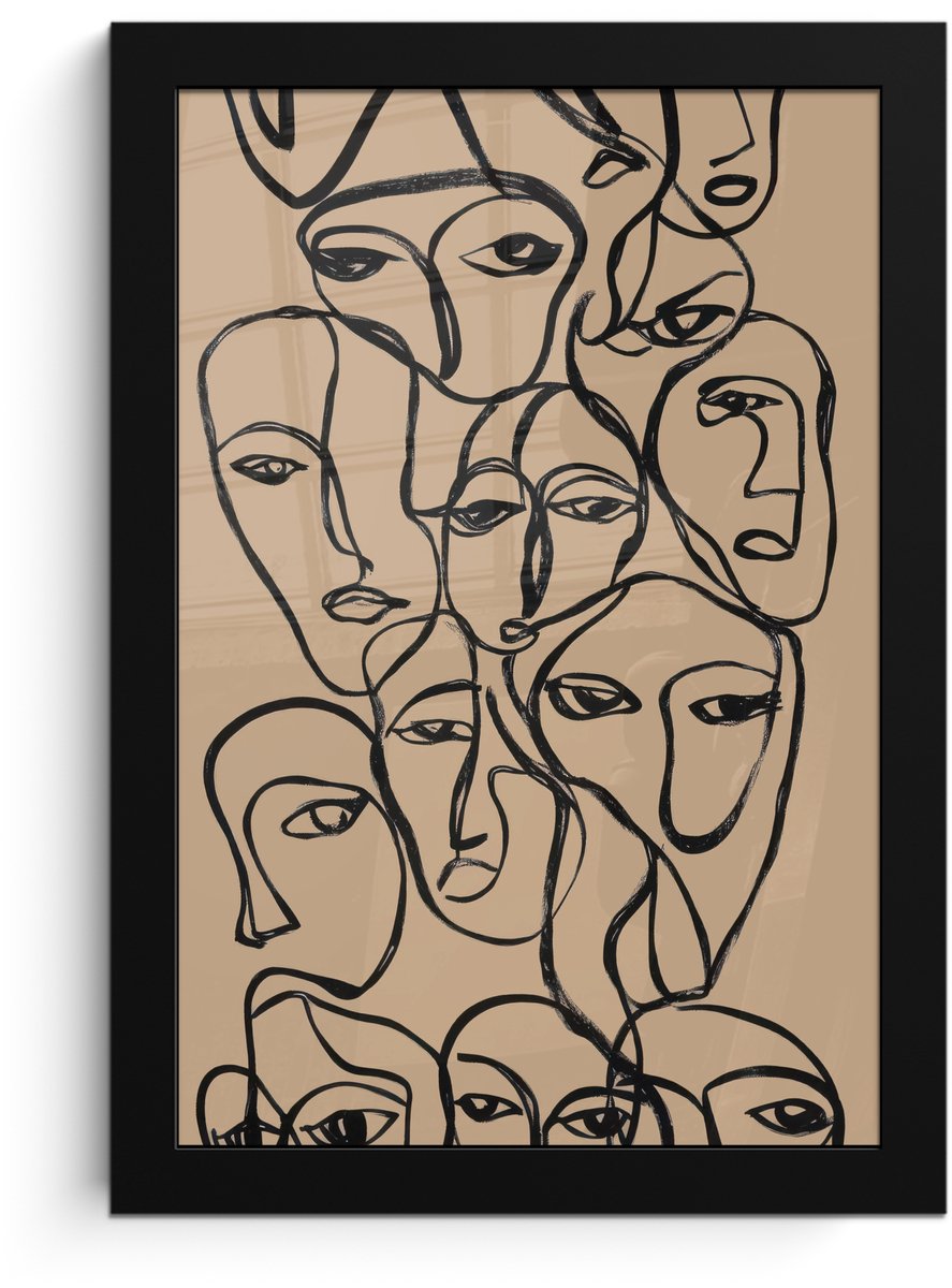 FrameYourWall Poster in lijst - Fotolijst 20x30 cm - Posters - Gezichtenzee - Lijntekening - Abstract - Posterlijst zwart - Decoratie - Wanddecoratie woonkamer - Muurdecoratie slaapkamer Gezichten - Lijntekening
