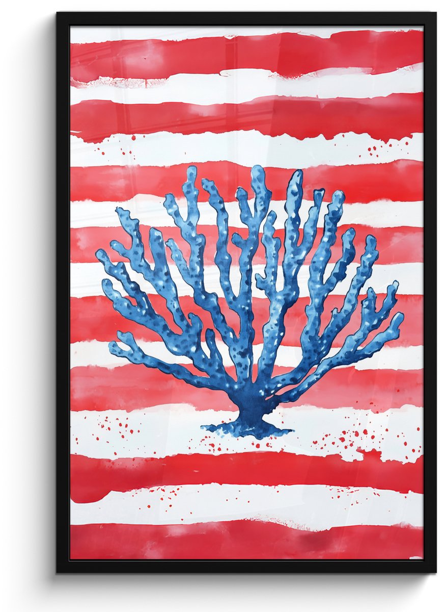 FrameYourWall Poster in lijst - Fotolijst 60x90 cm - Posters - Koraal - Verfstructuur - Rood - Blauw - Posterlijst zwart - Decoratie - Wanddecoratie woonkamer - Muurdecoratie slaapkamer Koraal - Strepen
